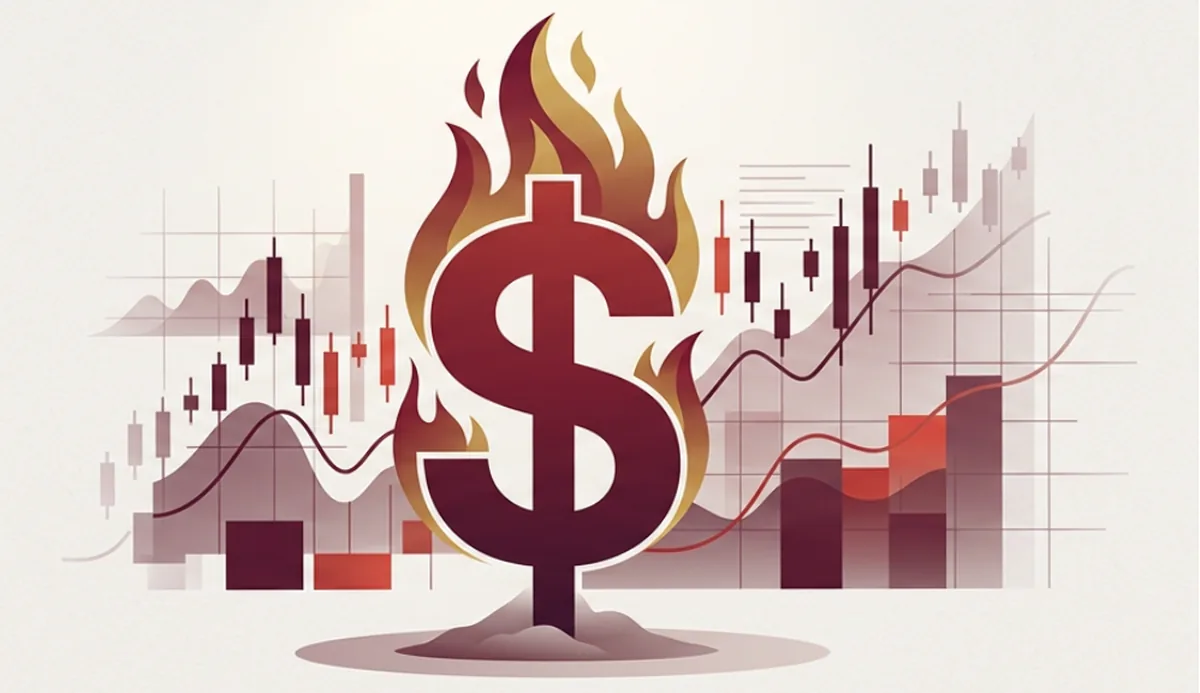 The U.S. dollar in flames over rising and falling market charts — the de-dollarization story.